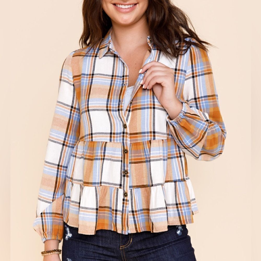 Blue Rain Plaid Tiered Long Sleeve Top
